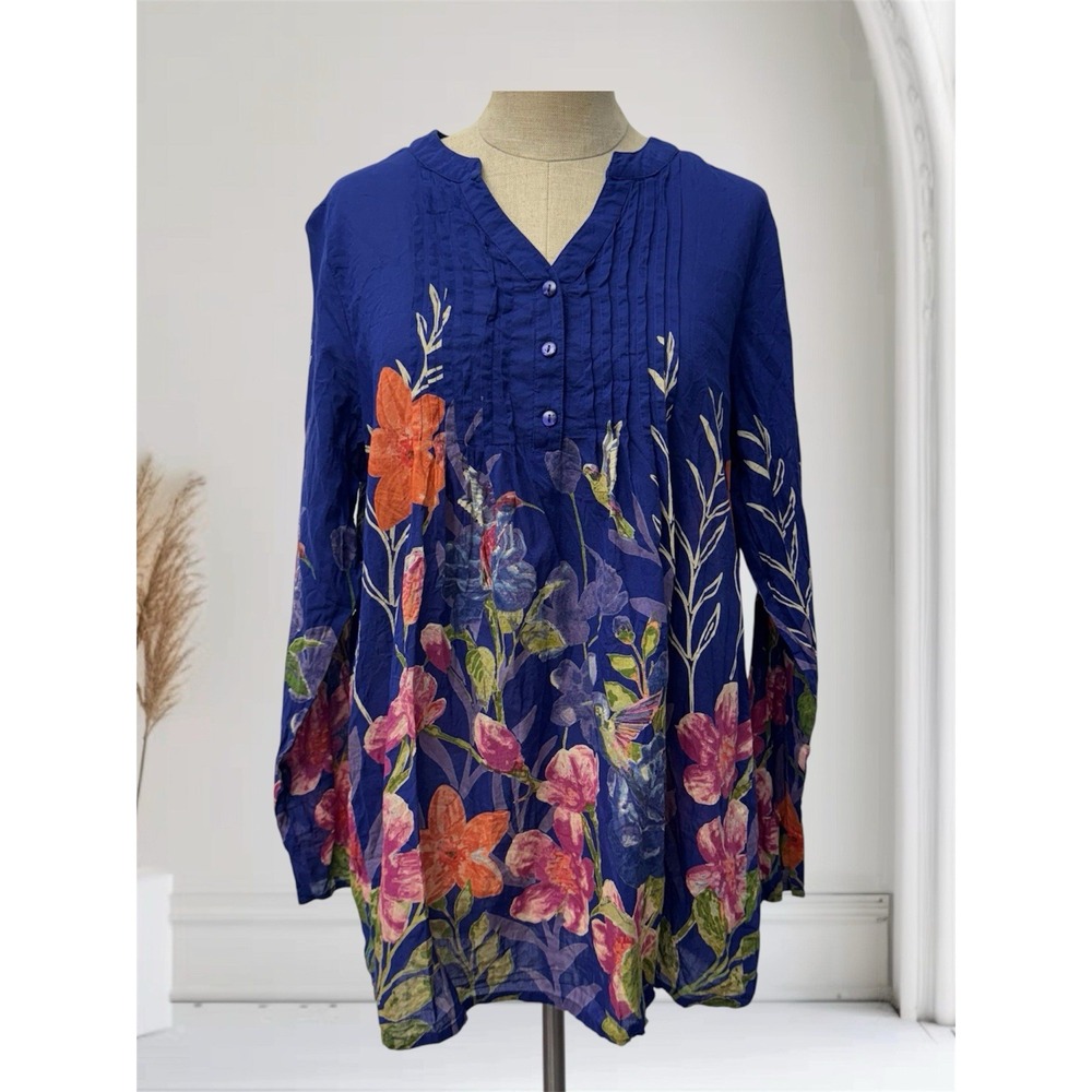VTG Women M Blue Floral Hummingbird Henley Popover Tunic Boho Cotton Tropical